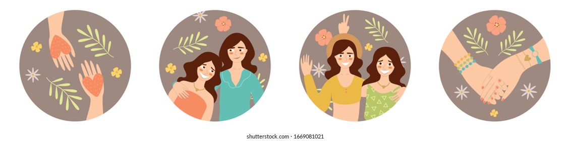 Sisters set. Collection of flat vector illustrations of two happy siblings loving and supporting each other, having fun, laughing. Family, sisterhood, twins holding hands. Bundle of isolated stickers