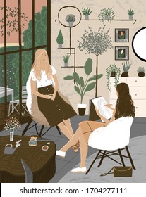 Sisters stay at home! Quarantine and self-isolation. Vector cute illustration of two women together, drinking coffee, drawing, spending time and pleasant leisure. Modern cozy interior design.