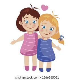 Sisters. Two little girls hug each other. Vector illustration on white background.