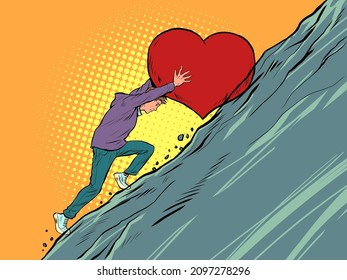 sisyphean labor a lover believes in love, rolls a valentines heart up the mountain. Pop Art Retro Vector Illustration Vintage kitsch 50s 60s Style