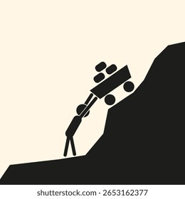 Conceito de Tarefa de Sísifo. Tema de trabalho duro. Ilustração vetorial da silhueta pessoal empurra o carrinho cheio de pedras até um penhasco. 