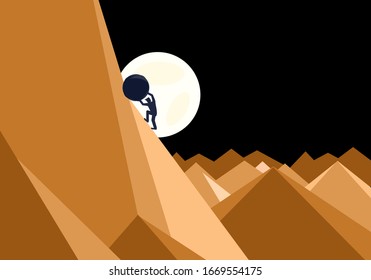 Sisyphus business concept of a man pushing a huge rock up a mountain in an impossible task showing determination and endurance