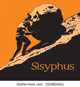 Sisyphus greek myth rolling a rock in a mountain. Guy worker strong figure climb carry goal 