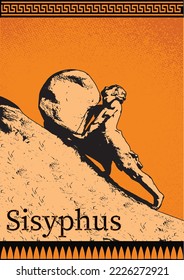Sisyphus greek myth rolling a rock in a mountain. Guy worker strong figure climb carry goal