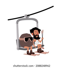 Sisyphus and his stone are happy to climb the slope on the funicular. The concept of hard work with pleasure. Color vector illustration isolated on a white background in a cartoon and flat design.