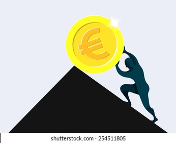 Sisyphus, man rolling and pushing dollar coin uphill on a slippery slope, pointless, vane, wasted effort
