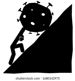Sisyphus in a protective mask pushes a huge coronavirus shaped rock uphill black flat illustration concept