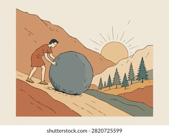 Sisyphus Pushing Boulder Up Mountain Greek Mythology Absurdism Vector Illustration