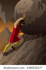 Sisyphus strains to push massive boulder uphill, against mountainous backdrop. His determined face reveals the endless torment of his punishment.