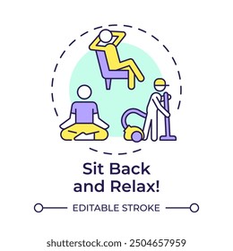 Sit back and relax multi color concept icon. Relaxing person, meditation. Professional cleaner. Round shape line illustration. Abstract idea. Graphic design. Easy to use in infographic, presentation