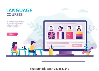 Сhildren sit at desks and studying of foreign language. Concept of online education, courses and knowledge. Teacher questionnaires on computer screen. Landing page template. Flat vector illustration