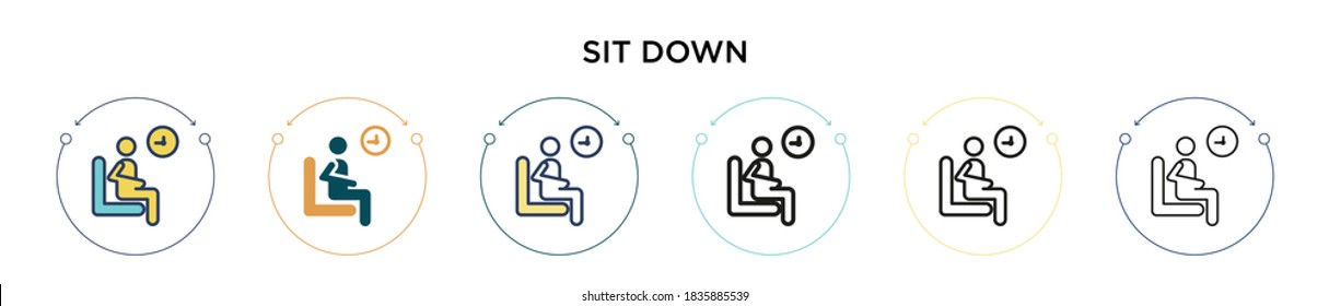 Sit down icon in filled, thin line, outline and stroke style. Vector illustration of two colored and black sit down vector icons designs can be used for mobile, ui, web