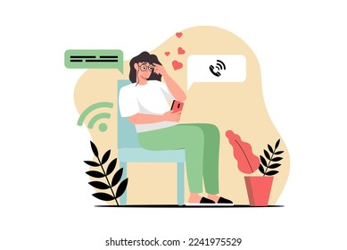 Sit in gadgets concept with people scene in the flat cartoon style. Woman chats with someone on the phone while sitting in the garden. Vector illustration.
