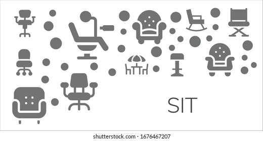 sit icon set. 11 filled sit icons.  Simple modern icons such as: Chair, Desk chair, Chairs, Armchair, Stool, Rocking chair