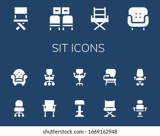sit icon set. 14 filled sit icons.  Simple modern icons such as: Chair, Waiting room, Armchair, Desk chair, Office chair, Stool