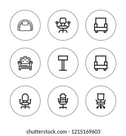 Sit icon set. collection of 9 outline sit icons with armchair, chair, desk chair icons. editable icons.