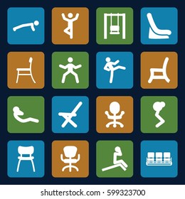 sit icons set. Set of 16 sit filled icons such as baby seat in car, chair, office chair, outdoor chair, abdoninal workout, swing