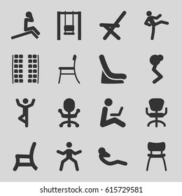 Sit icons set. set of 16 sit filled icons such as plane seats, baby seat in car, office chair, outdoor chair, abdoninal workout, chair, man sitting with laptop, swing