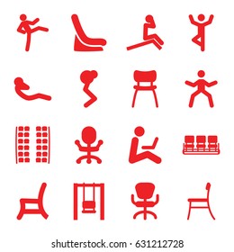 Sit icons set. set of 16 sit filled icons such as plane seats, baby seat in car, chair, office chair, outdoor chair, abdoninal workout, man sitting with laptop, swing