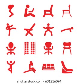 Sit icons set. set of 16 sit filled icons such as plane seats, baby seat in car, chair, office chair, outdoor chair, man sitting with laptop