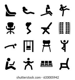 Sit icons set. set of 16 sit filled icons such as plane seats, baby seat in car, chair, office chair, outdoor chair, abdoninal workout, man sitting with laptop, swing