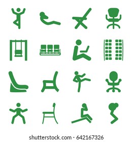 Sit icons set. set of 16 sit filled icons such as plane seats, baby seat in car, chair, office chair, outdoor chair, abdoninal workout, man sitting with laptop, swing