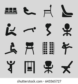 Sit icons set. set of 16 sit filled icons such as plane seats, baby seat in car, chair, office chair, outdoor chair, abdoninal workout, man sitting with laptop, swing