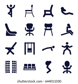 Sit icons set. set of 16 sit filled icons such as plane seats, baby seat in car, chair, office chair, outdoor chair, abdoninal workout, swing