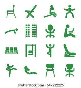 Sit icons set. set of 16 sit filled icons such as plane seats, baby seat in car, chair, office chair, outdoor chair, abdoninal workout, man sitting with laptop, swing