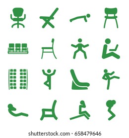 Sit icons set. set of 16 sit filled icons such as plane seats, baby seat in car, chair, office chair, outdoor chair, abdoninal workout, man sitting with laptop