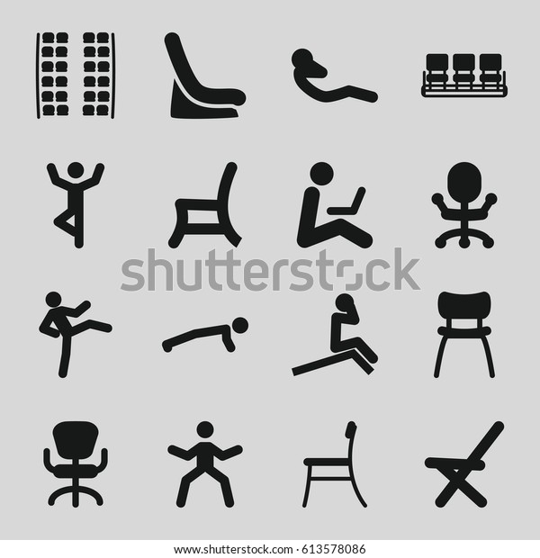 Sit icons set. set of 16 sit\
filled icons such as plane seats, baby seat in car, chair, office\
chair, outdoor chair, abdoninal workout, man sitting with\
laptop