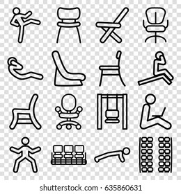 Sit icons set. set of 16 sit outline icons such as plane seats, baby seat in car, chair, office chair, outdoor chair, abdoninal workout, man sitting with laptop