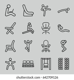 Sit icons set. set of 16 sit outline icons such as plane seats, baby seat in car, chair, office chair, outdoor chair, abdoninal workout, man sitting with laptop