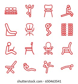 Sit icons set. set of 16 sit outline icons such as plane seats, baby seat in car, chair, office chair, outdoor chair, abdoninal workout, man sitting with laptop