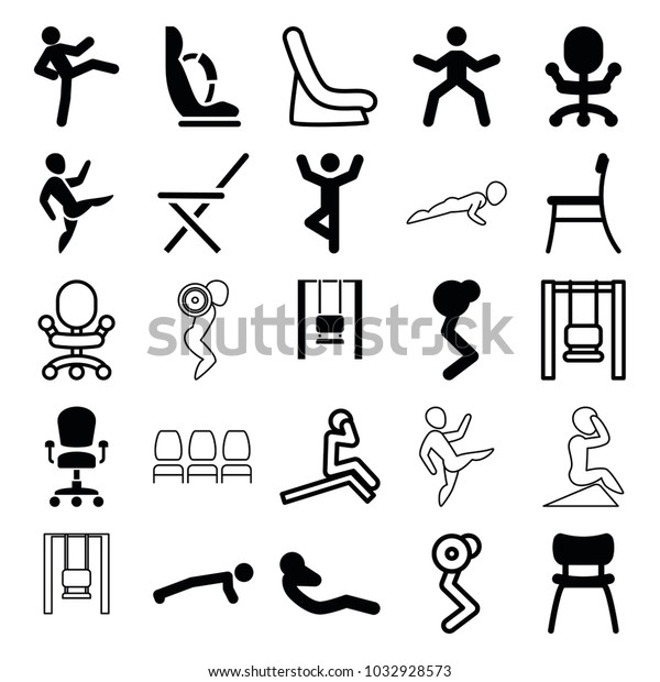 Sit icons. set of 25 editable filled\
and outline sit icons such as office chair, man doing exercises,\
abdoninal workout, chair, baby seat in car,\
swing