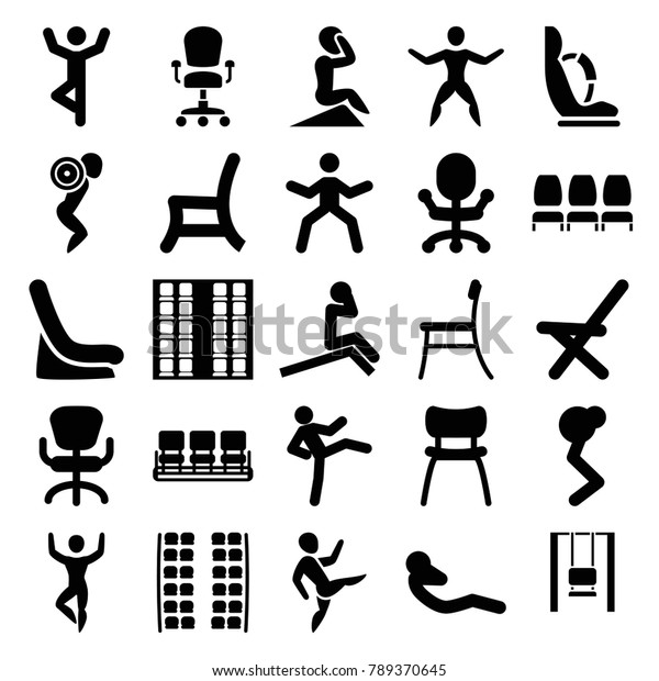 Sit icons. set of 25 editable\
filled sit icons such as plane seats, baby seat in car, chair,\
office chair, man doing exercises, outdoor chair, abdoninal\
workout