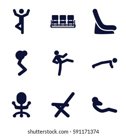sit icons set. Set of 9 sit filled icons such as baby seat in car, chair, outdoor chair, abdoninal workout, office chair