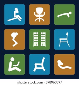 sit icons set. Set of 9 sit filled icons such as plane seats, office chair, outdoor chair, abdoninal workout, chair, man sitting with laptop