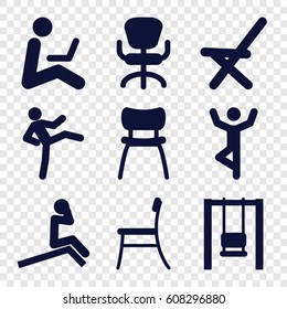 Sit icons set. set of 9 sit filled icons such as office chair, outdoor chair, chair, man sitting with laptop, swing