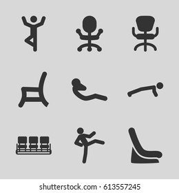 Sit icons set. set of 9 sit filled icons such as baby seat in car, chair, office chair, outdoor chair, abdoninal workout
