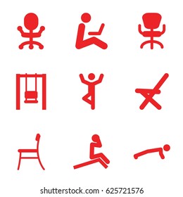 Sit icons set. set of 9 sit filled icons such as office chair, outdoor chair, chair, man sitting with laptop, swing