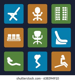 Sit icons set. set of 9 sit filled icons such as plane seats, baby seat in car, chair, office chair, outdoor chair, abdominal workout