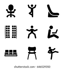 Sit icons set. set of 9 sit filled icons such as plane seats, baby seat in car, chair, man sitting with laptop, office chair