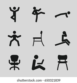 Sit icons set. set of 9 sit filled icons such as office chair, chair, man sitting with laptop