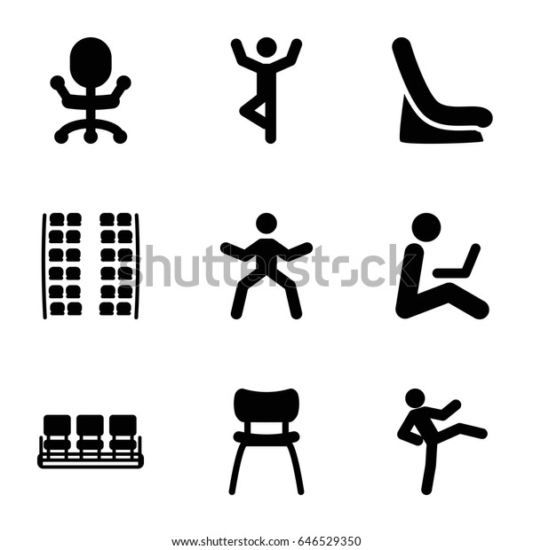 Sit\
icons set. set of 9 sit filled icons such as plane seats, baby seat\
in car, chair, man sitting with laptop, office\
chair
