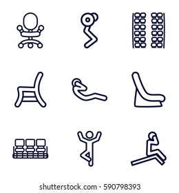 sit icons set. Set of 9 sit outline icons such as plane seats, baby seat in car, chair, outdoor chair, abdoninal workout, office chair