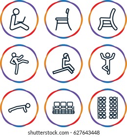 Sit icons set. set of 9 sit outline icons such as plane seats, chair, outdoor chair, man sitting with laptop