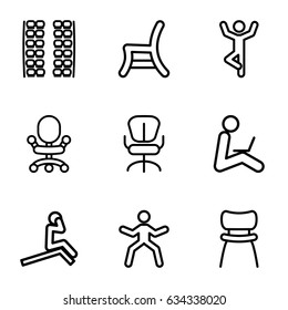 Sit icons set. set of 9 sit outline icons such as plane seats, office chair, outdoor chair, chair, man sitting with laptop