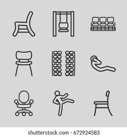 Sit icons set. set of 9 sit outline icons such as plane seats, chair, outdoor chair, abdoninal workout, office chair, man doing exercises
