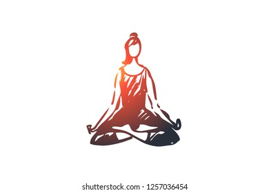 Sit, lotus, pose, woman, relax, yoga concept. Hand drawn woman sitting in lotus pose concept sketch. Isolated vector illustration.